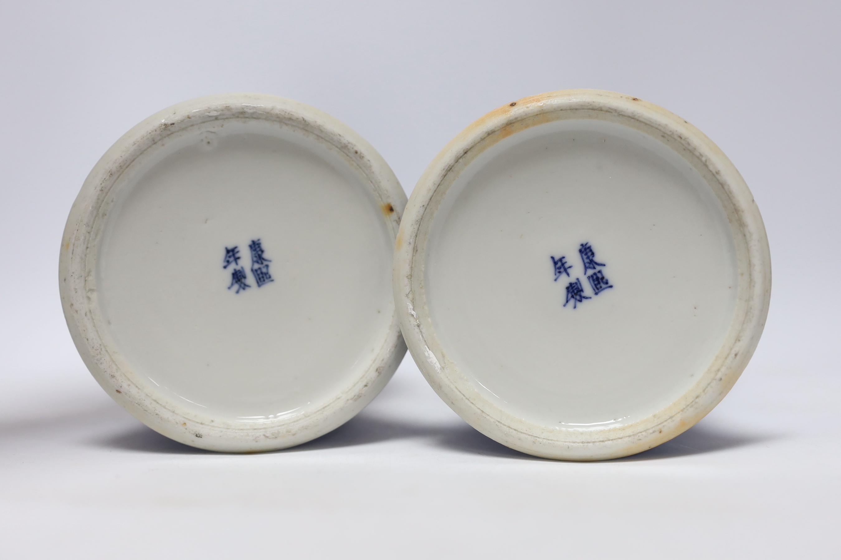 Two pairs of late 19th/early 20th century Chinese blue and white prunus vases, one pair with covers, tallest 30cm